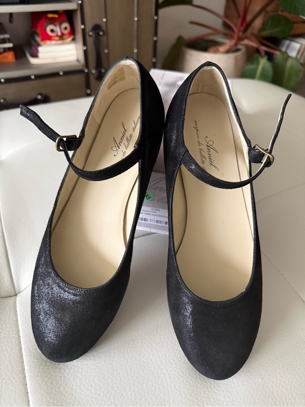 Anniel Italian Leather Black Mary Jane Heels with Ankle Strap